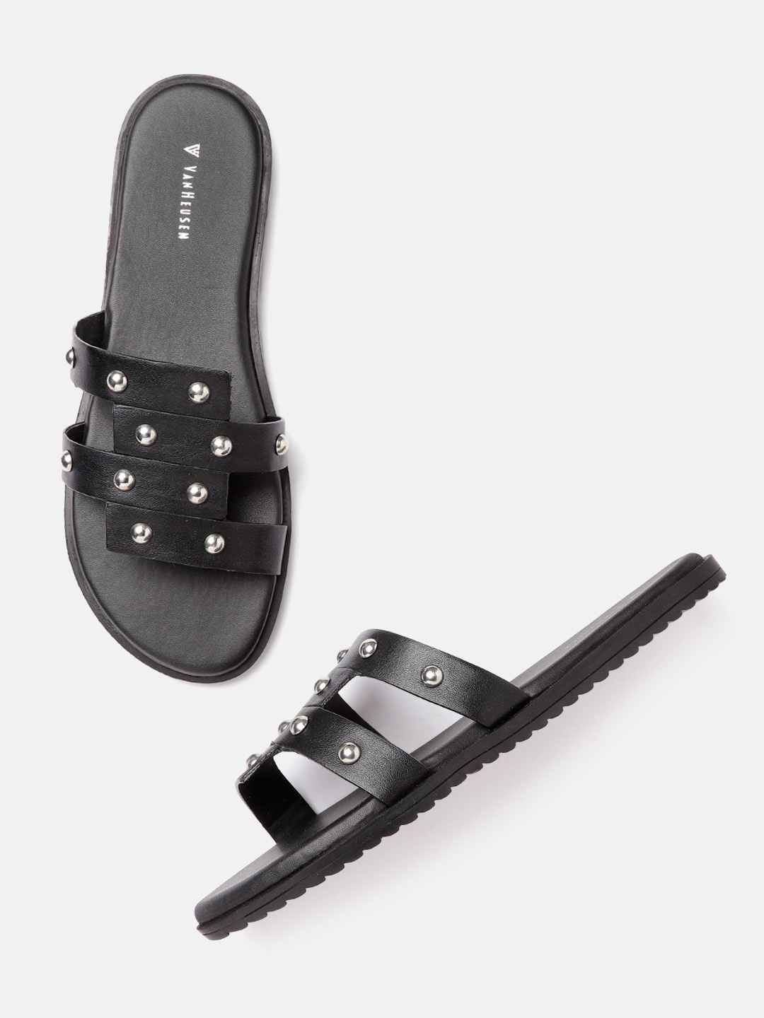 

Van Heusen Woman Black & Silver-Toned Studded Open Toe Flats
