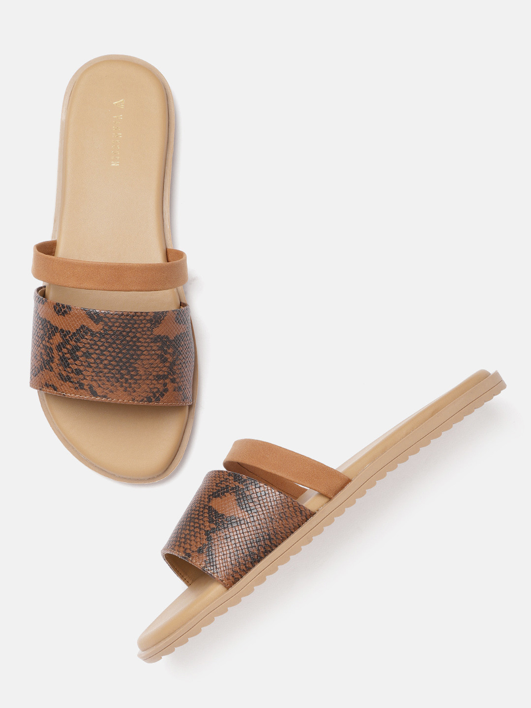 

Van Heusen Woman Tan Brown & Black Snakeskin Print Open Toe Flats