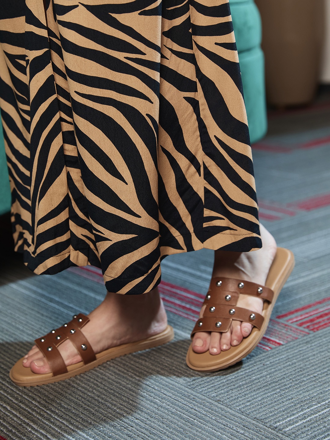

Van Heusen Woman Brown & Silver-Toned Studded Open Toe Flats