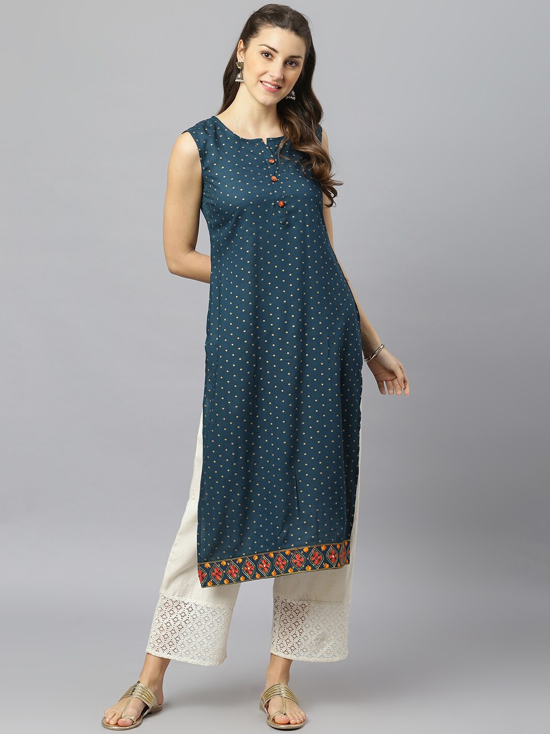 

FASHION DEPTH Women Teal Ethnic Motifs Printed Kurta