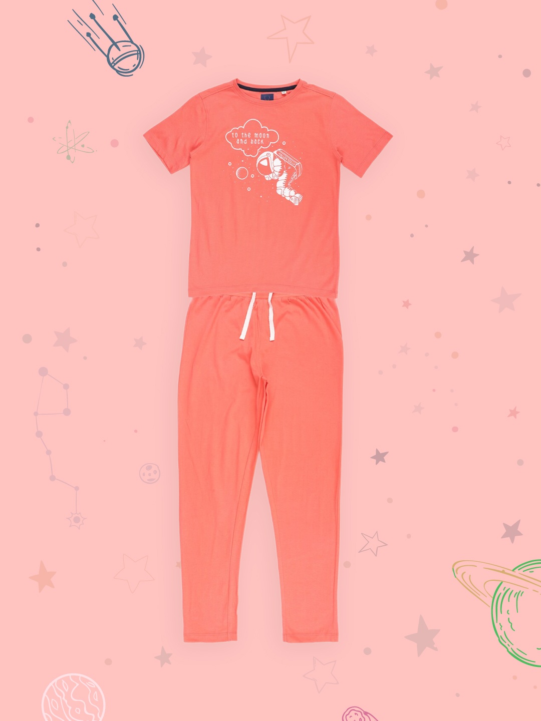 

Allen Solly Junior Boys Peach Printed T-Shirt With Track Pants