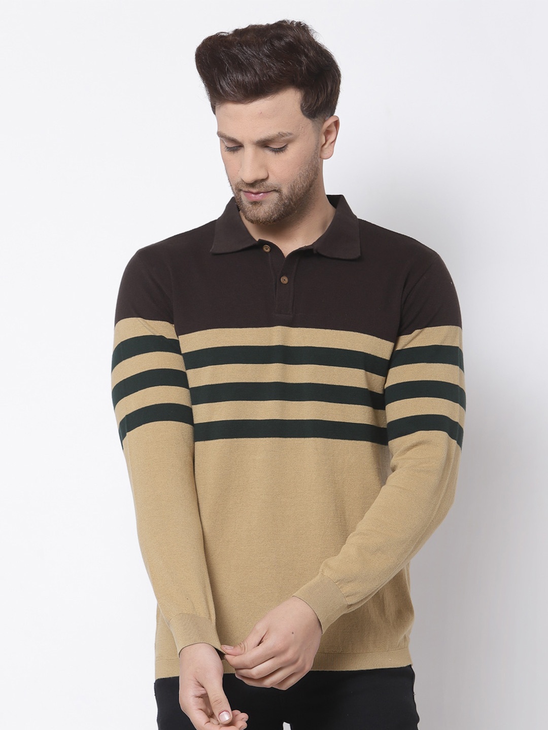 

Kalt Men Khaki Striped Polo Collar T-shirt