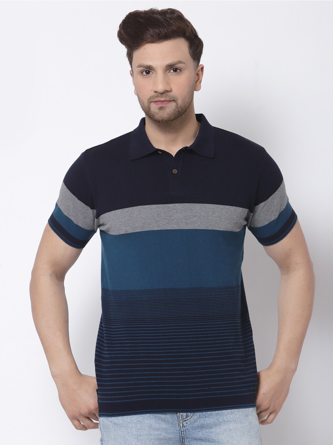 

Kalt Men Navy Blue & Grey Colourblocked Polo Collar T-shirt