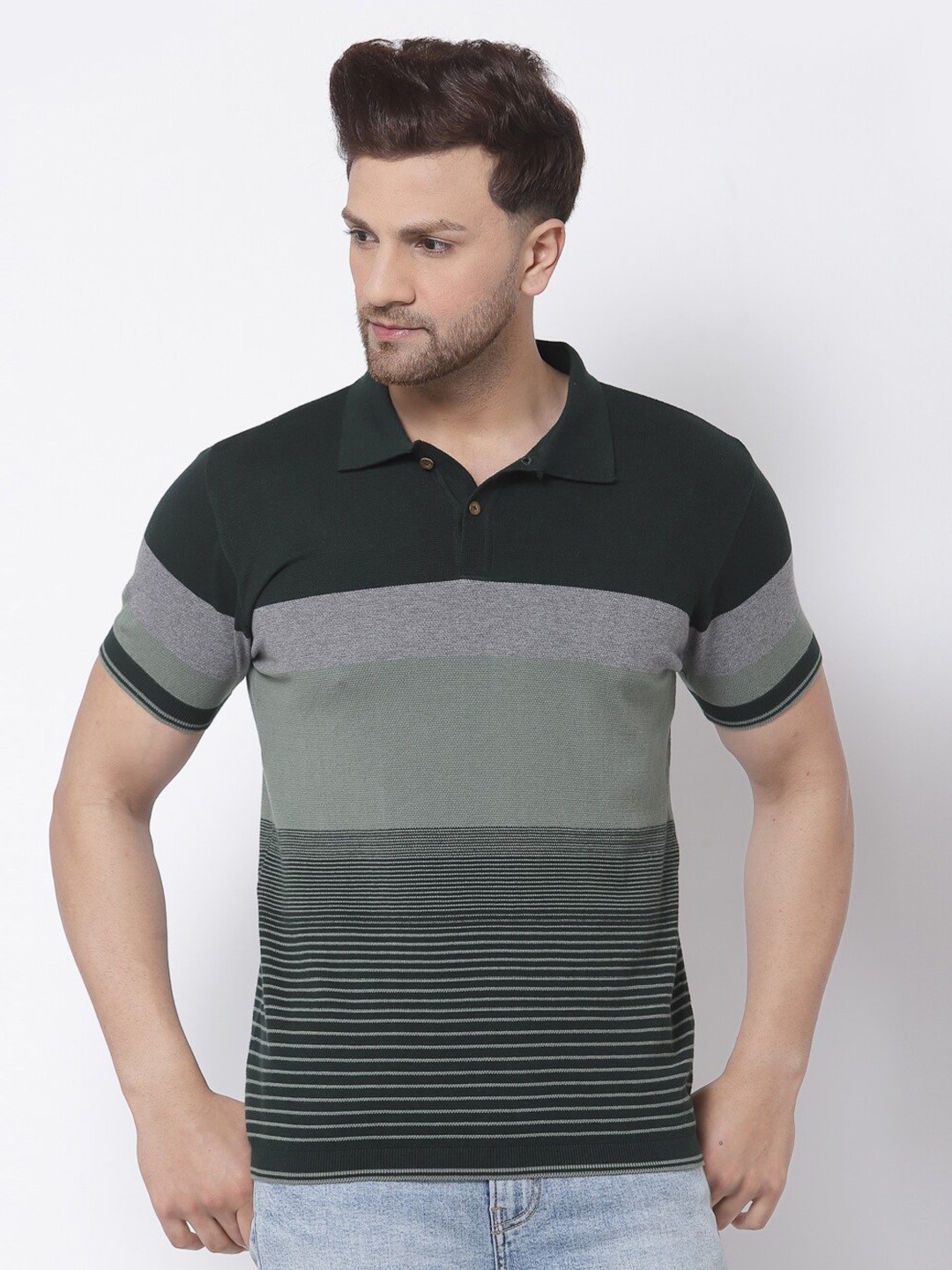 

Kalt Men Green & Grey Striped Polo Collar T-shirt