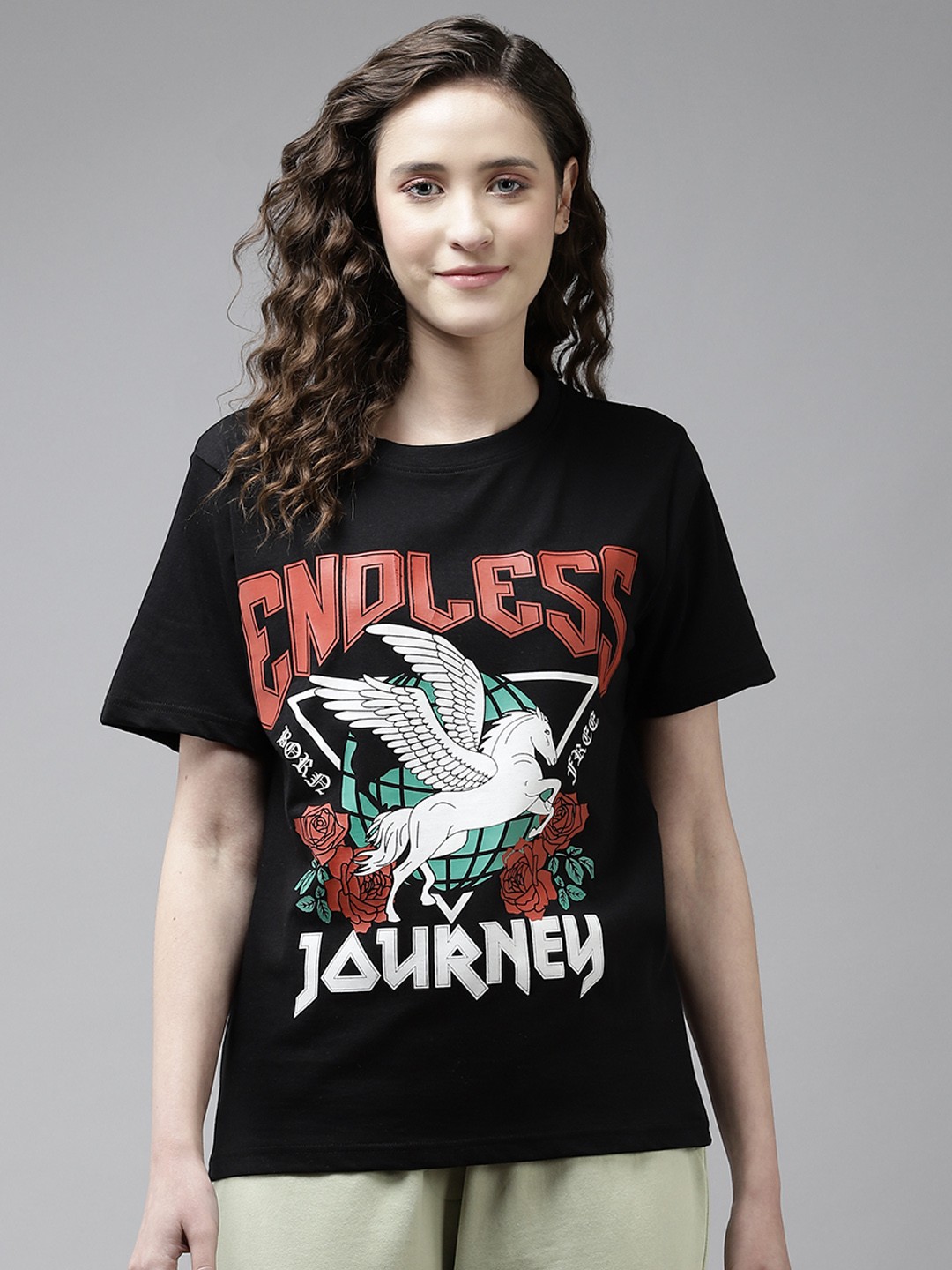

The Dry State Women Black Printed Loose T-shirt
