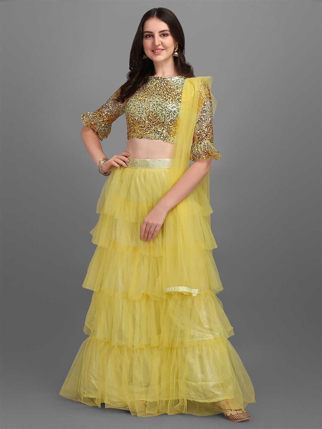 

Mitera Yellow Embroidered Sequinned Semi-Stitched Lehenga & Unstitched Blouse With Dupatta