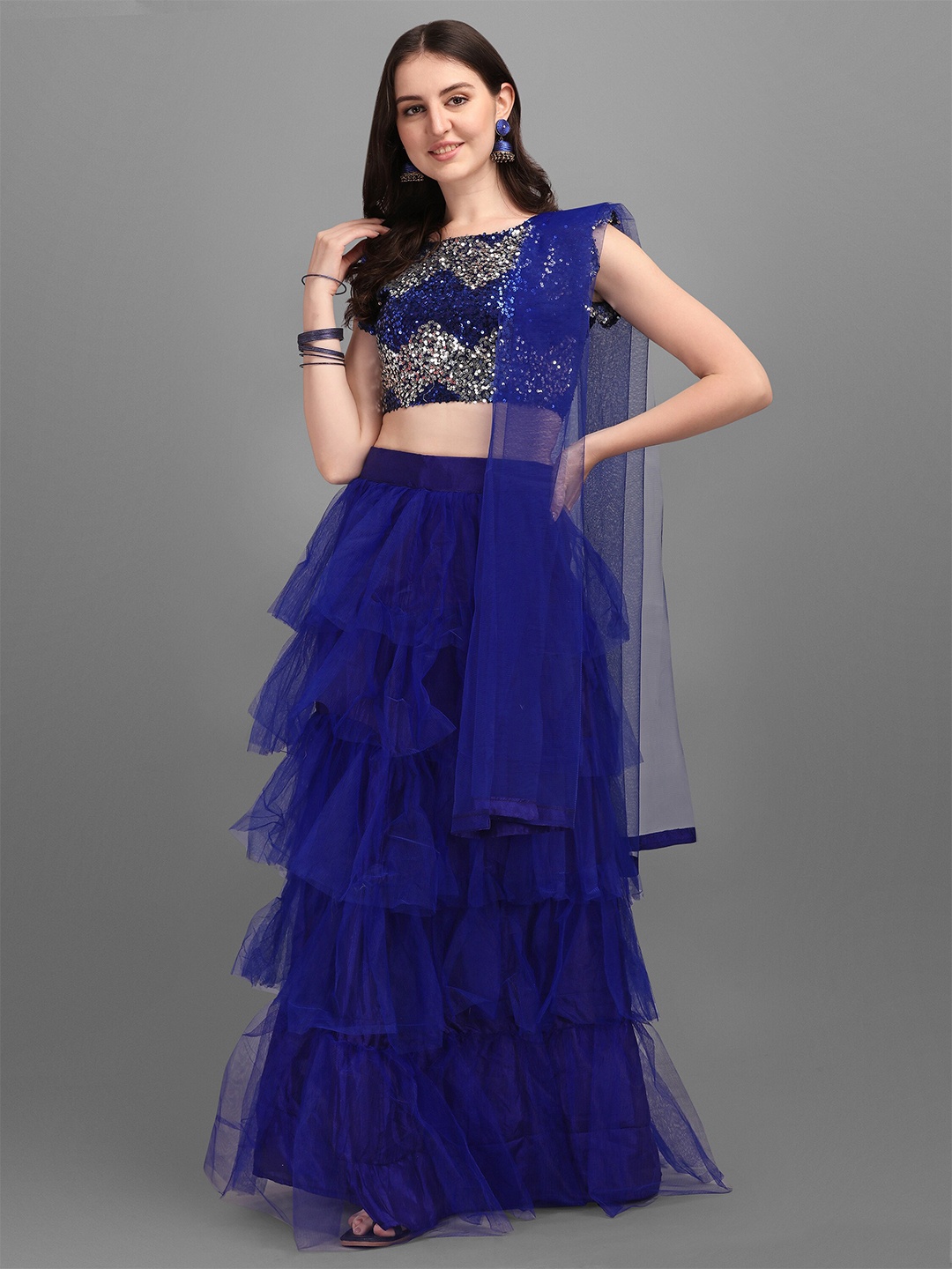 

Mitera Women Blue Embellished Semi-Stitched Lehenga & Blouse with Dupatta
