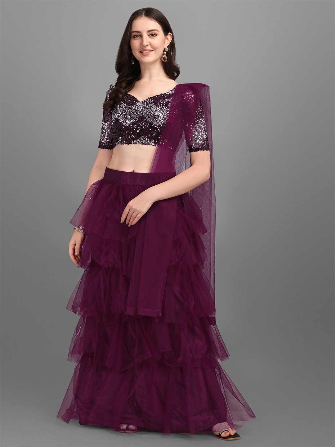 

Mitera Magenta Embroidered Sequinned Foil Print Semi-Stitched Lehenga & Unstitched Blouse With Dupatta