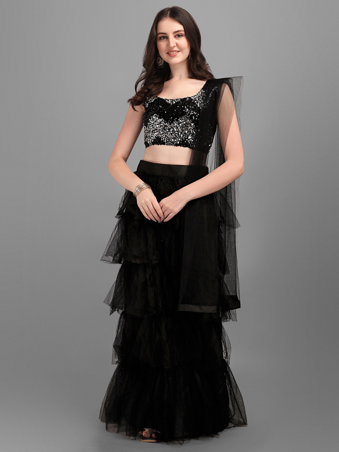 

Mitera Black & Silver-Toned Semi-Stitched Lehenga Unstitched Blouse & Net Dupatta