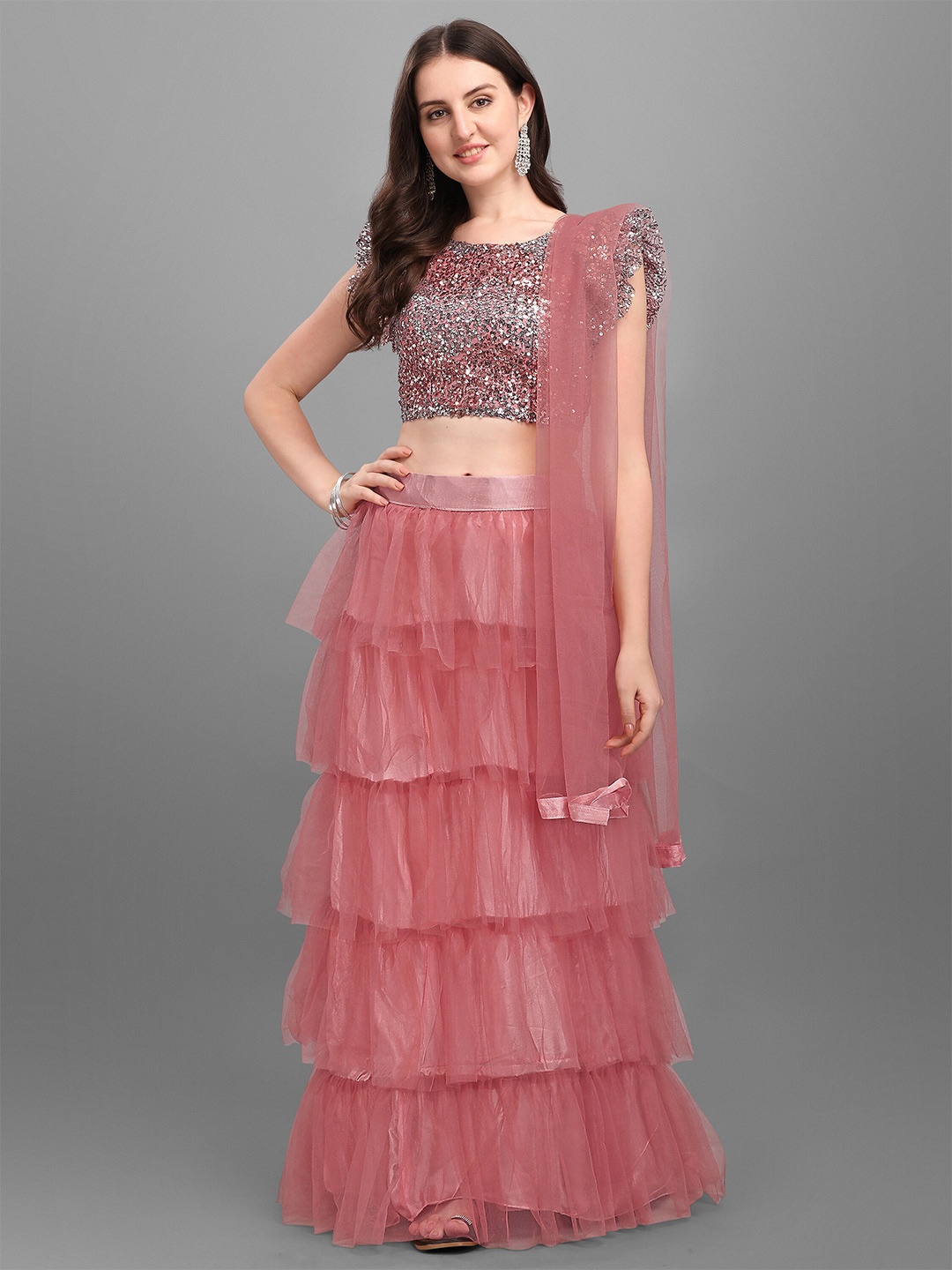 

Mitera Peach-Coloured Embroidered Sequinned Semi-Stitched Lehenga & Unstitched Blouse With Dupatta