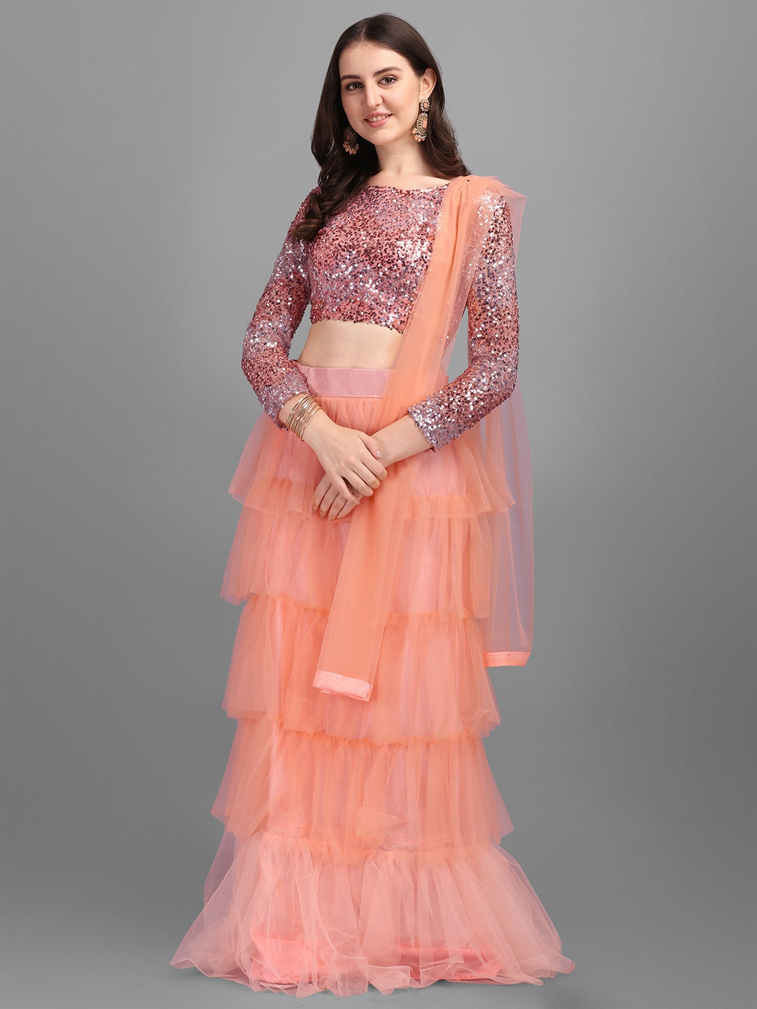 

Mitera Orange Embellished Sequinned Semi-Stitched Lehenga & Unstitched Blouse With Dupatta