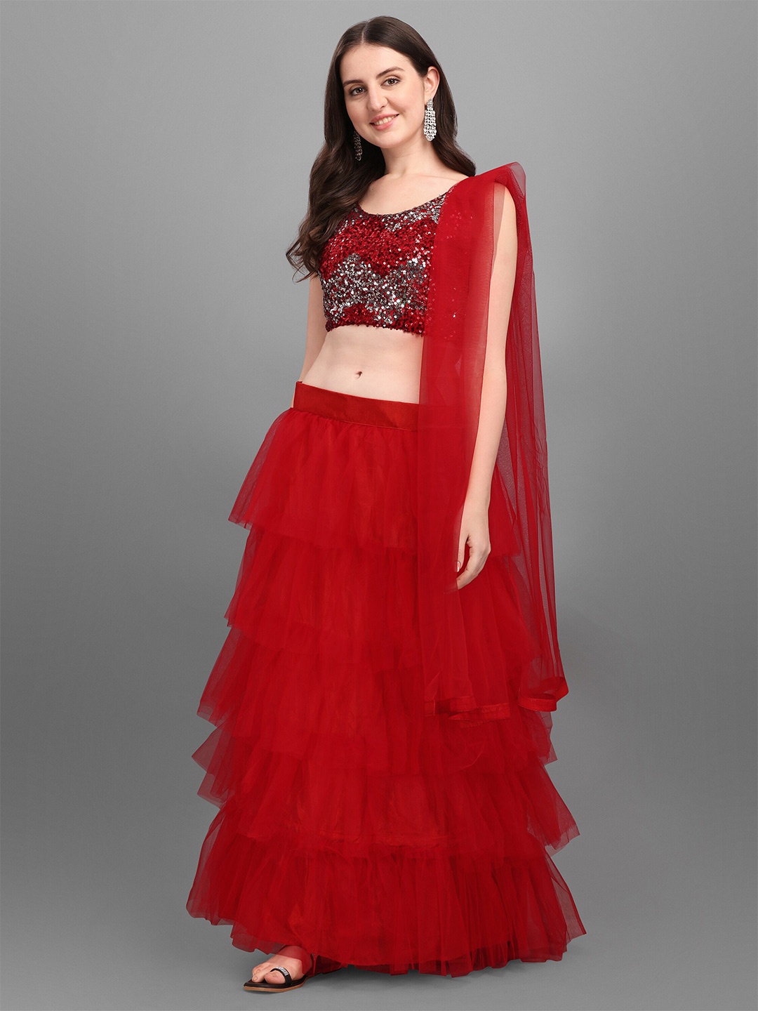 

Mitera Red & Silver-Toned Embellished Sequinned Semi-Stitched Lehenga & Unstitched Blouse With Dupatta