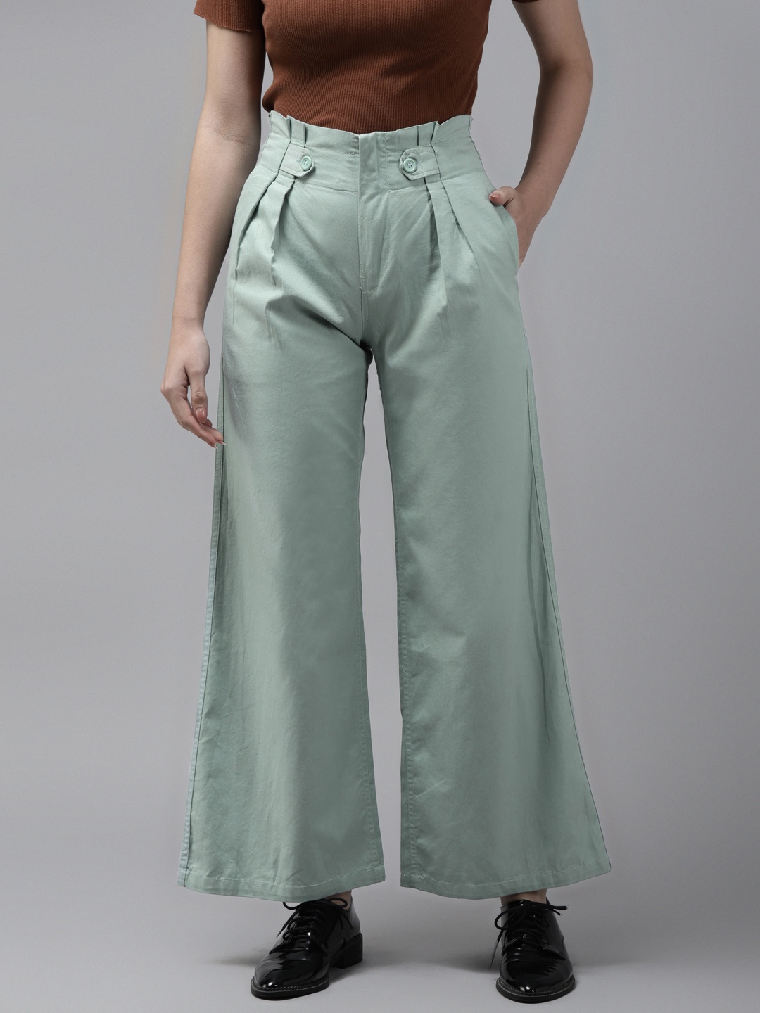 

The Dry State Women Blue Solid Straight Fit High-Rise Pleated Trousers