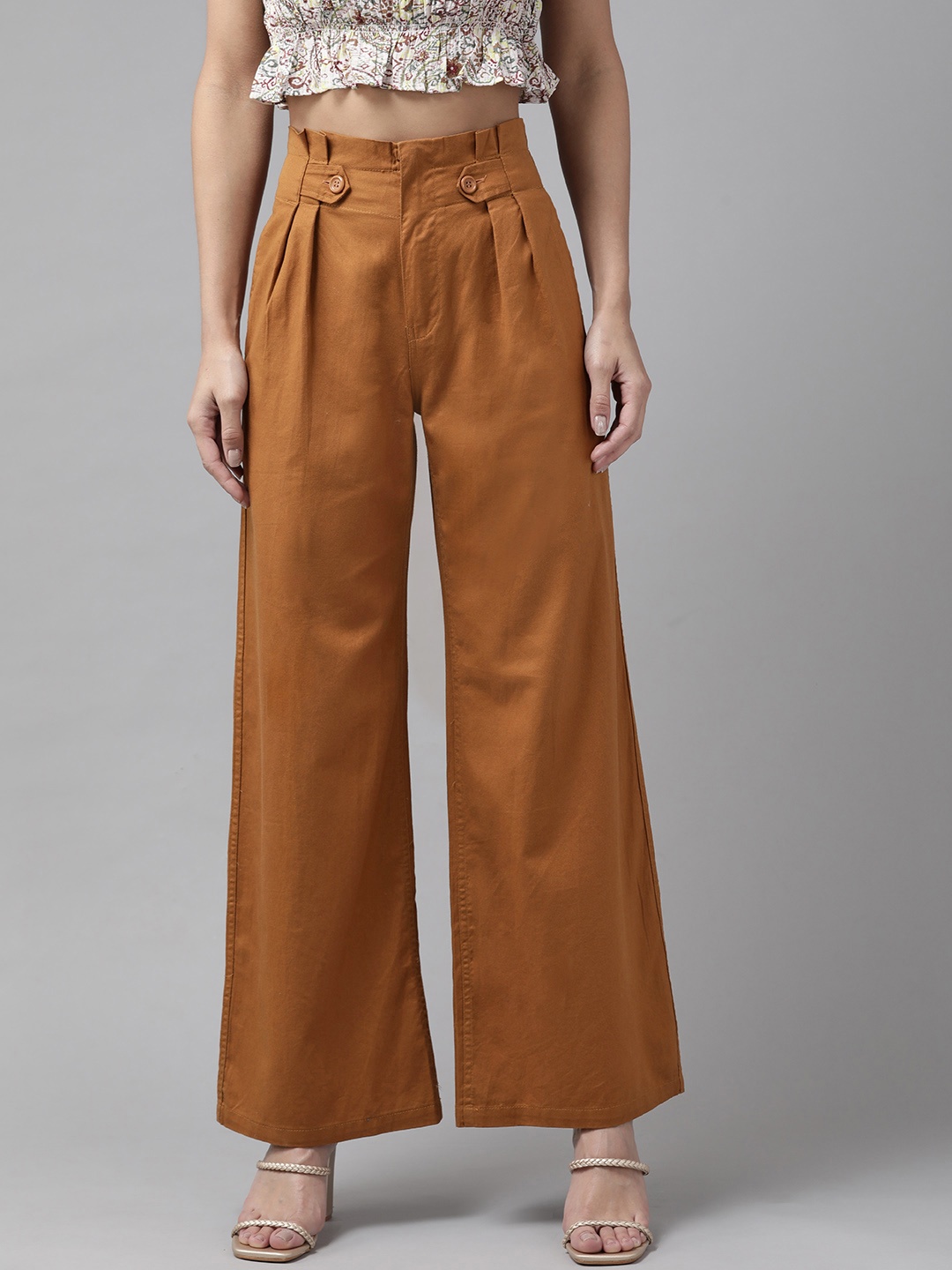 

The Dry State Women Khaki Straight Fit High-Rise Easy Wash Pleated Trousers