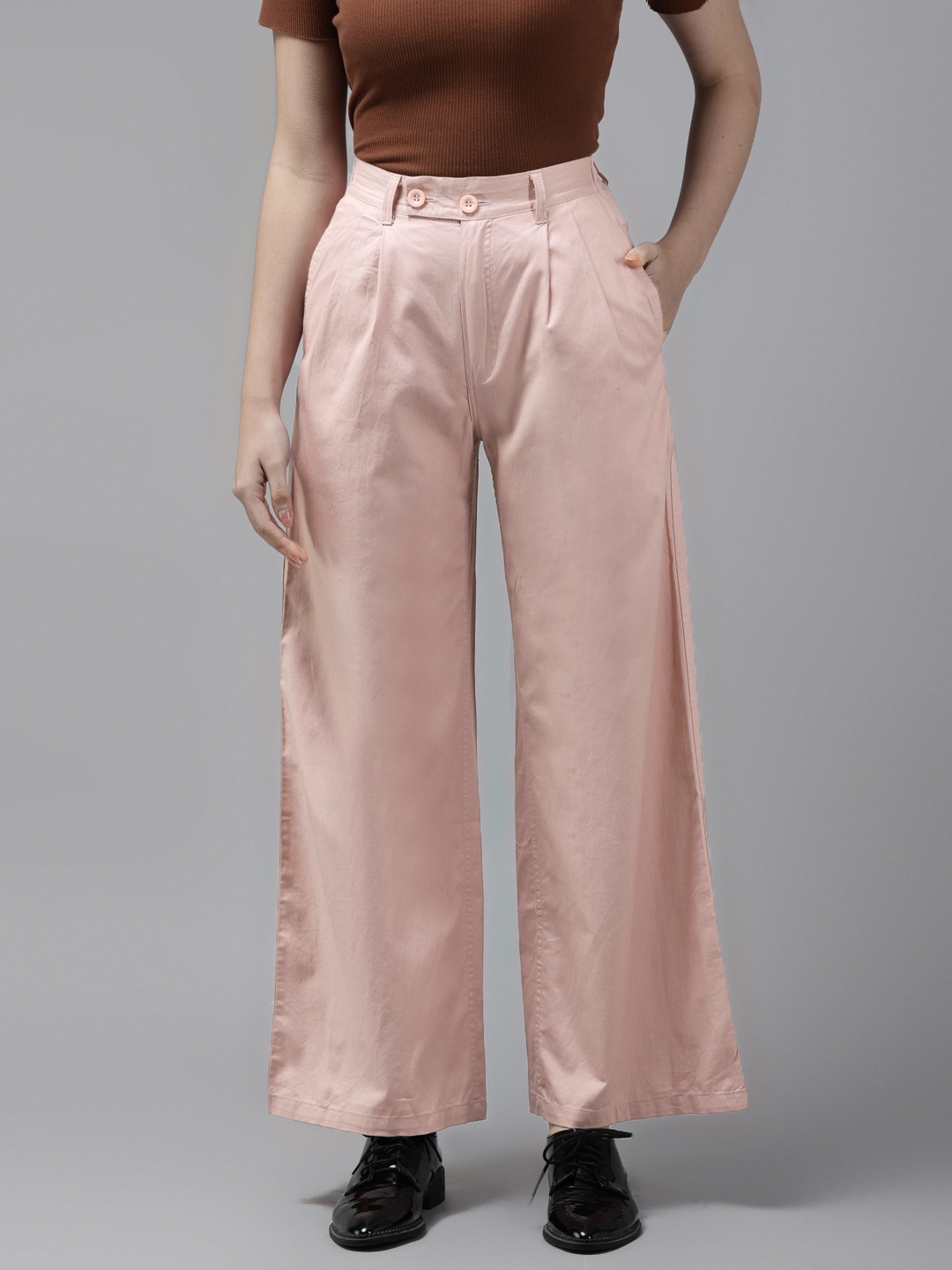 

The Dry State Women Dusty Pink Solid High-Rise Pleated Trousers, Rose