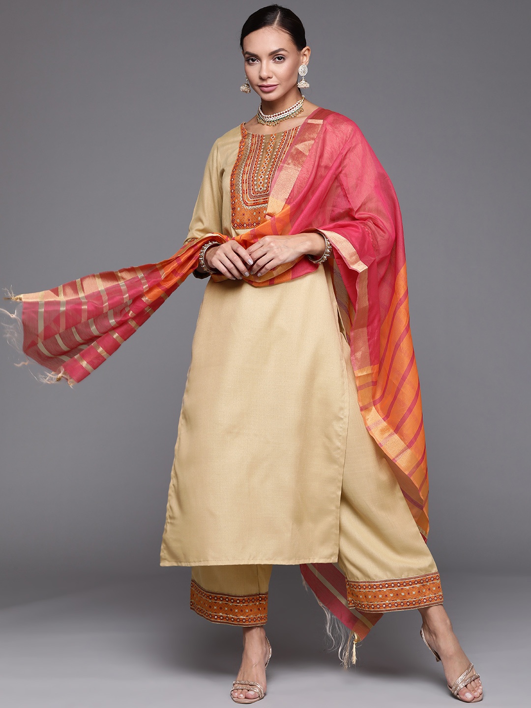 

Indo Era Women Beige Ethnic Motifs Yoke Design Kurta with Palazzos & With Dupatta