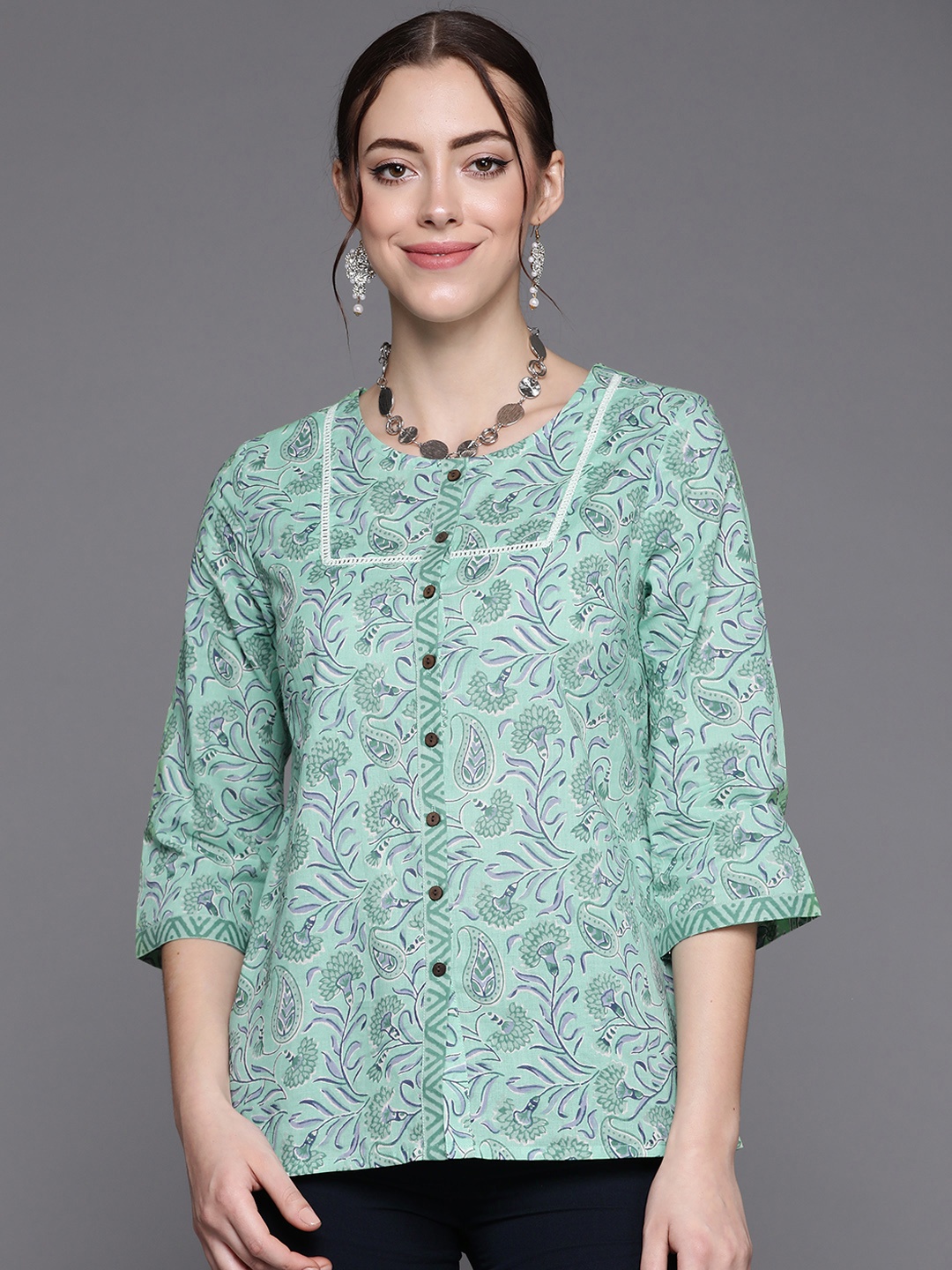 

Indo Era Sea Green Ethnic Motif Printed Top