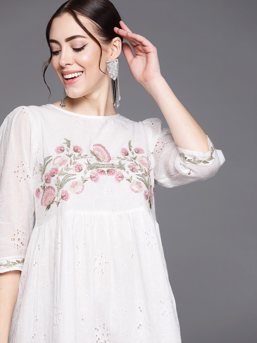 

Indo Era White Floral Embroidered Ethnic A-Line Dress