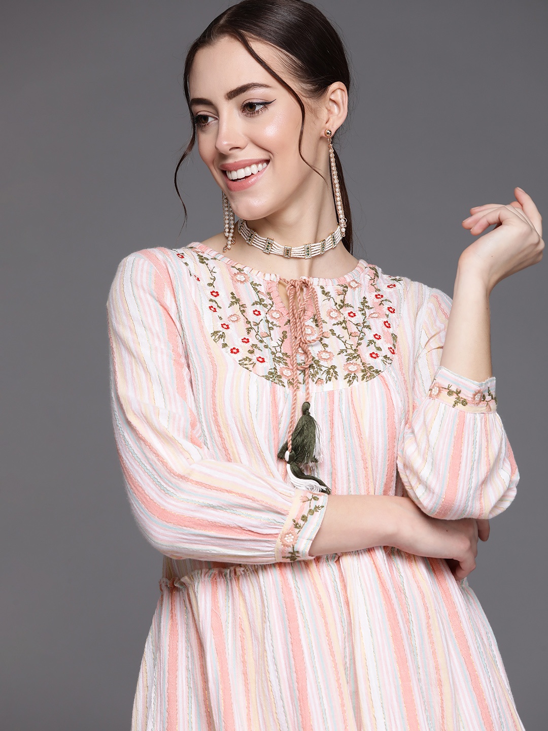 

Indo Era Peach-Coloured & Multicoloured Embroidered Tie-Up Neck Ethnic A-Line Dress