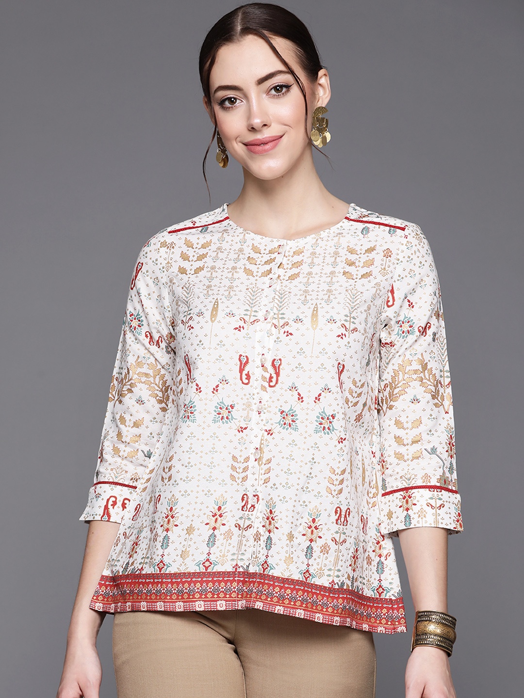 

Indo Era White Ethnic Motif Printed Top