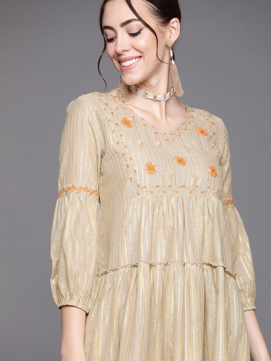 

Indo Era Beige Floral Embroidered Ethnic A-Line Dress