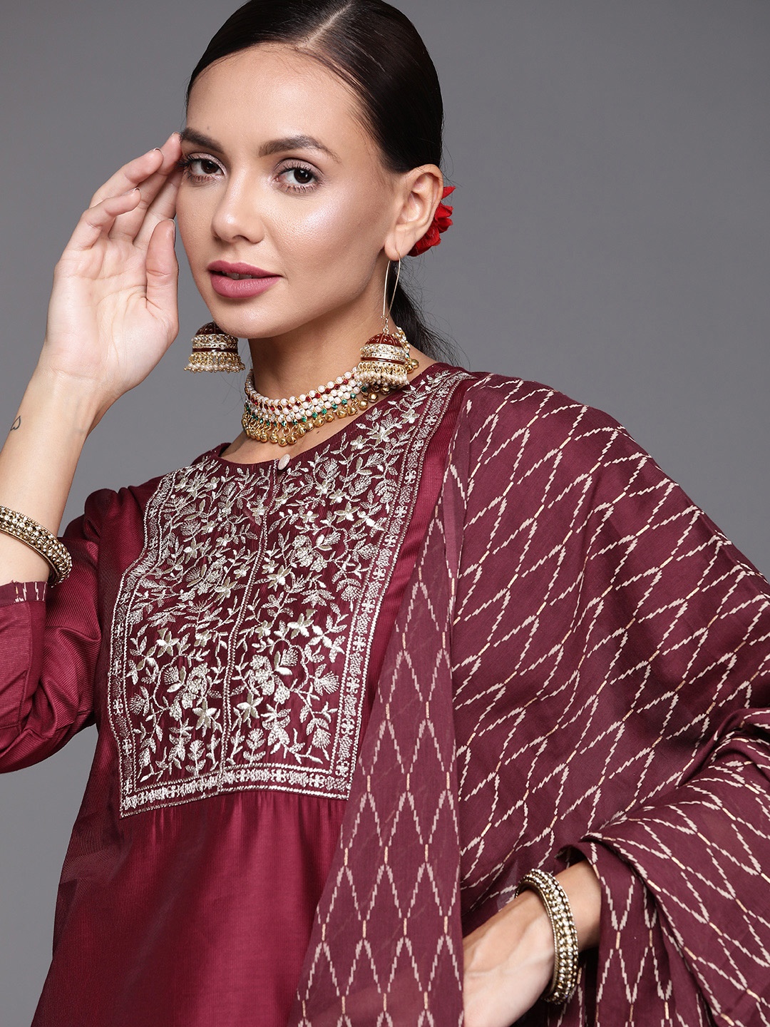 

Indo Era Women Maroon Floral Yoke Design Kurta with Palazzos & With Dupatta