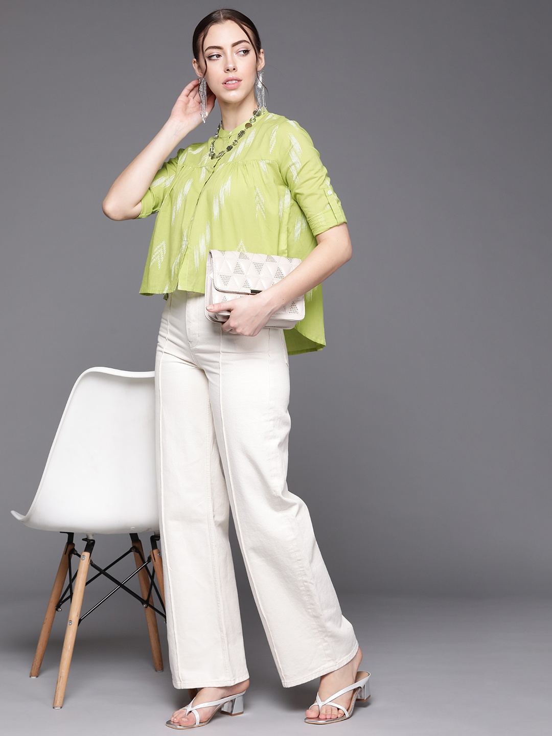 

Indo Era Green Print Mandarin Collar Roll-Up Sleeves Empire Top