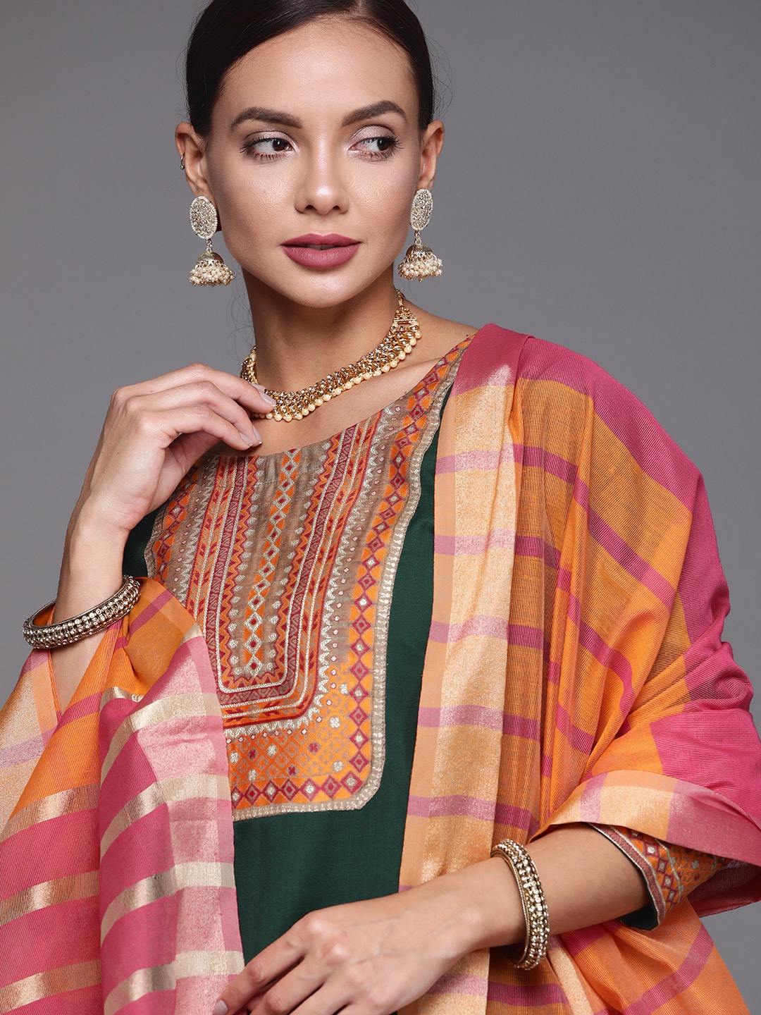 

Indo Era Women Green Ethnic Motifs Yoke Design Kurta with Palazzos & With Dupatta