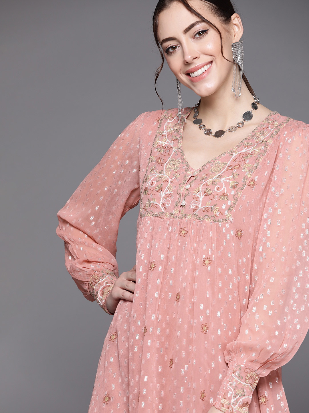 

Indo Era Mauve Floral Ethnic A-Line Dress