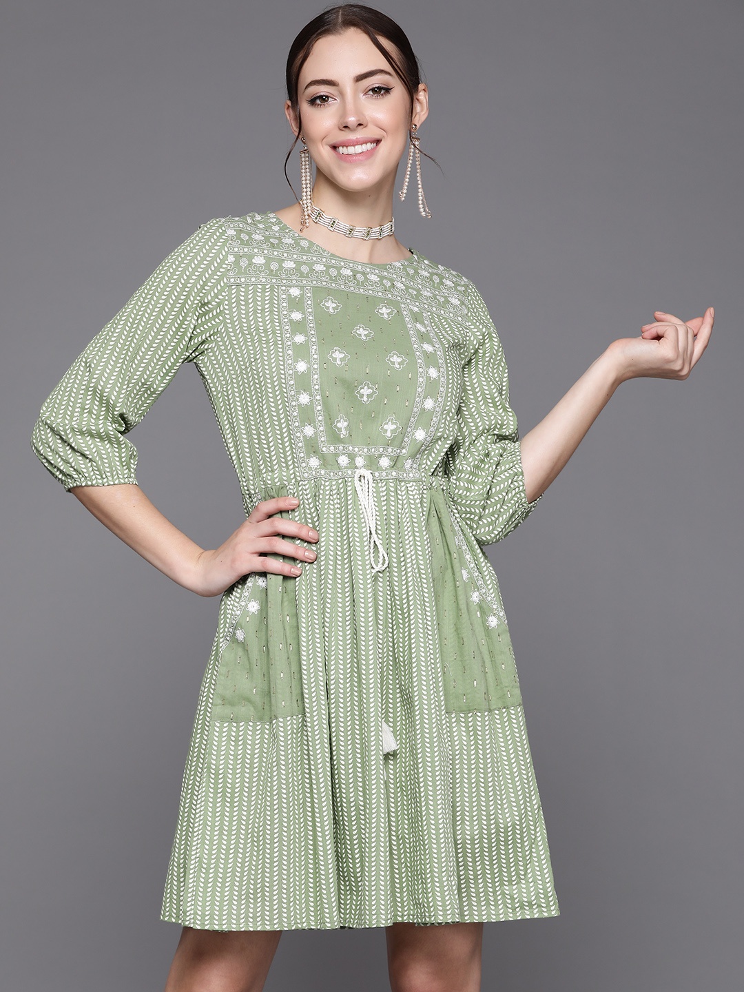 

Indo Era Green Ethnic Motifs Embroidered Ethnic A-Line Dress
