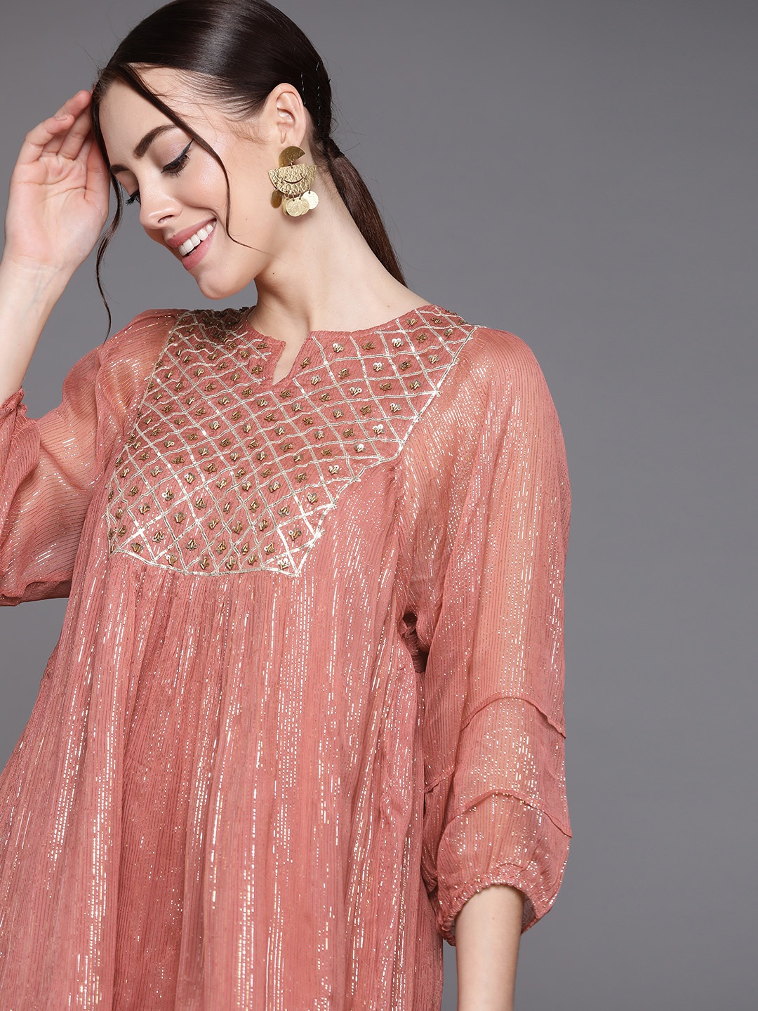

Indo Era Mauve Embellished Ethnic A-Line Dress