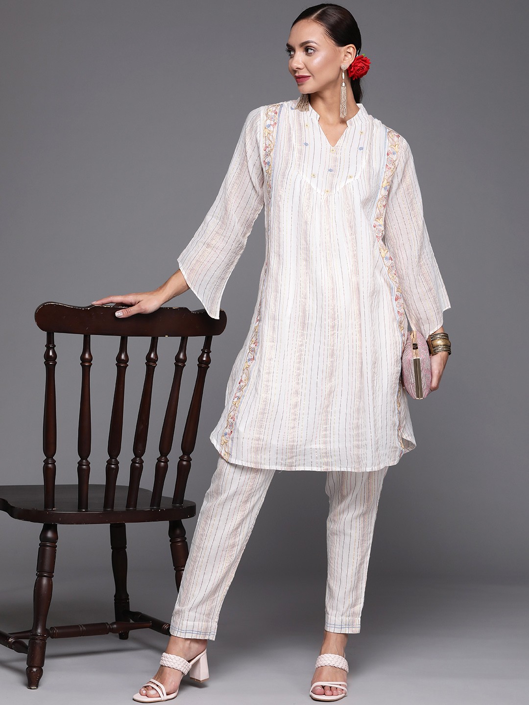 

Indo Era Women White Striped Kurta with Trousers