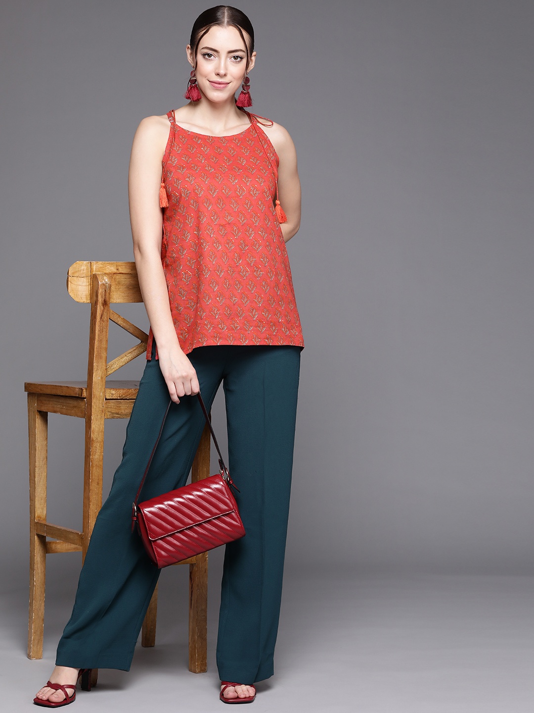 

Indo Era Red Ethnic Motif Printed Top