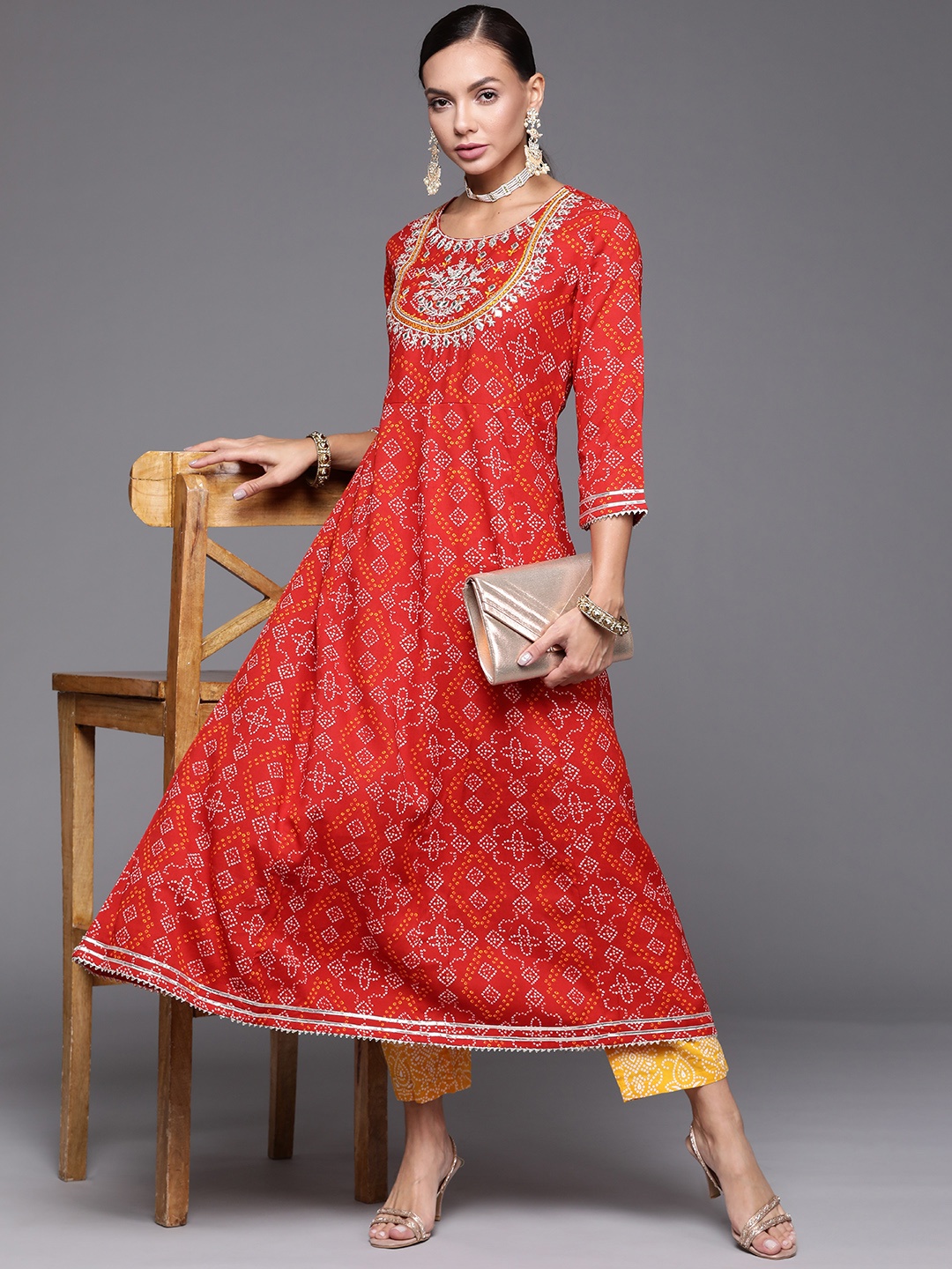 

Indo Era Women Red Bandhani Printed Kurta