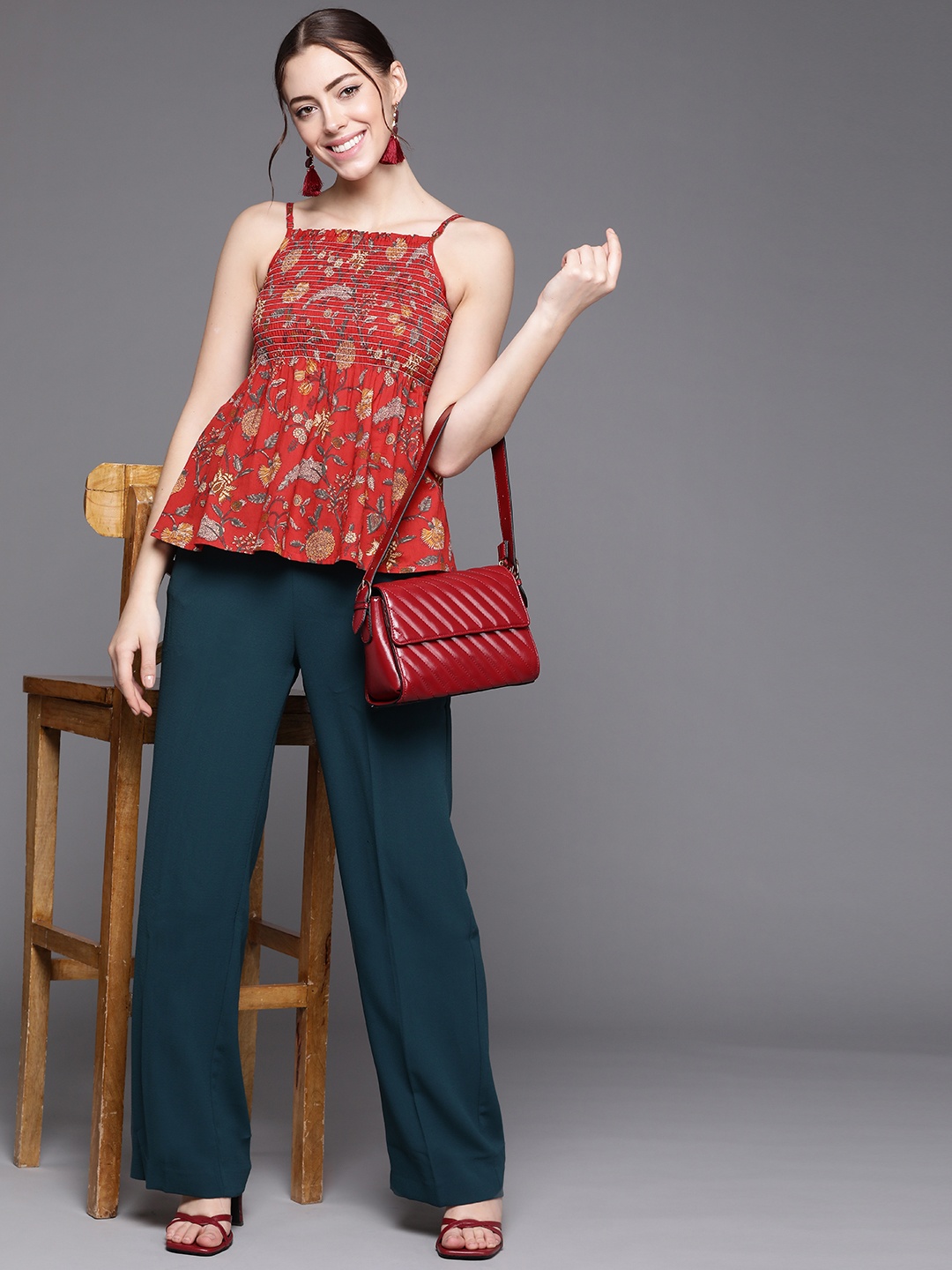 

Indo Era Red Floral Print Smocked Empire Top