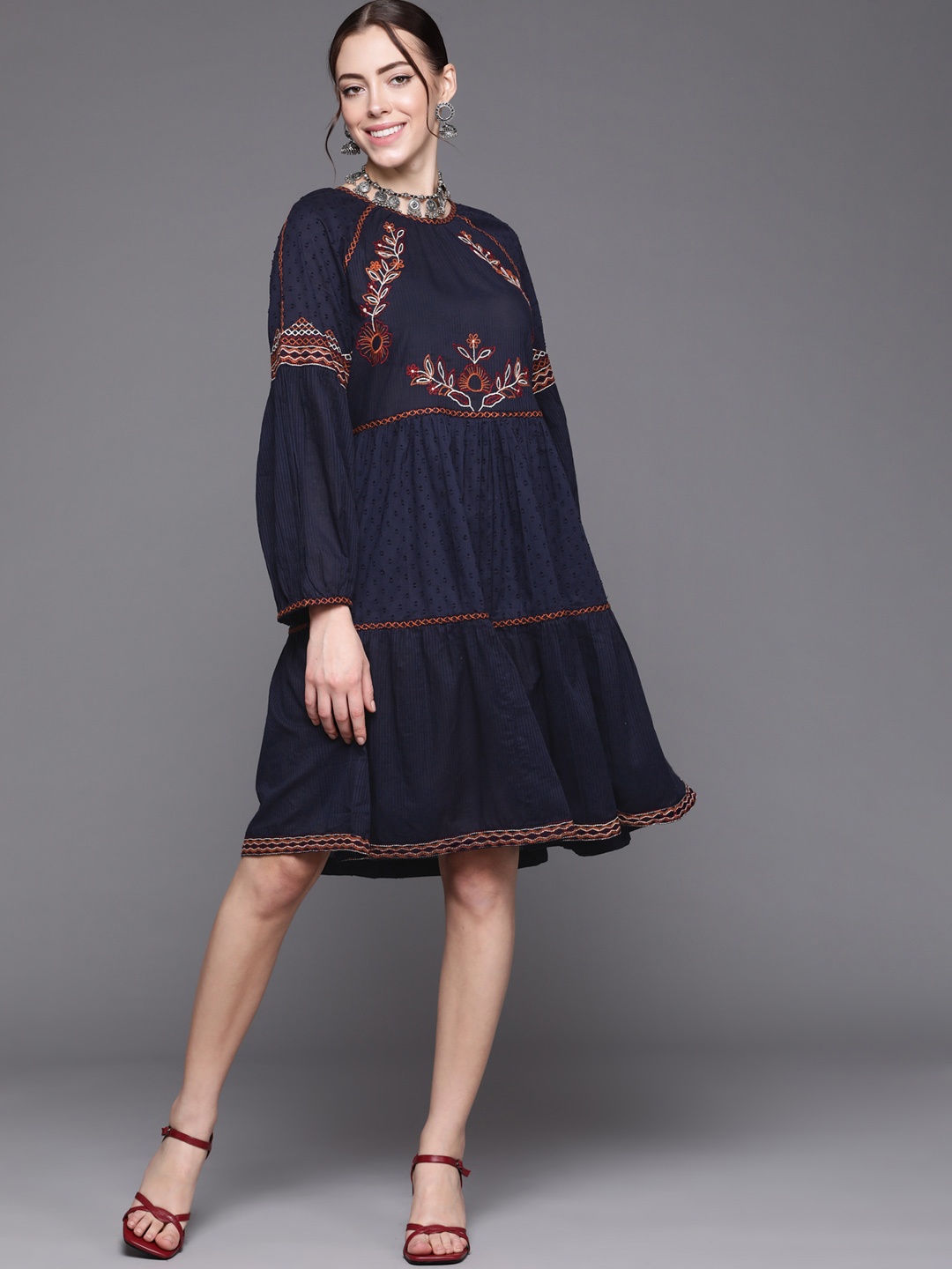 

Indo Era Navy Blue Floral Embroidered Ethnic A-Line Dress