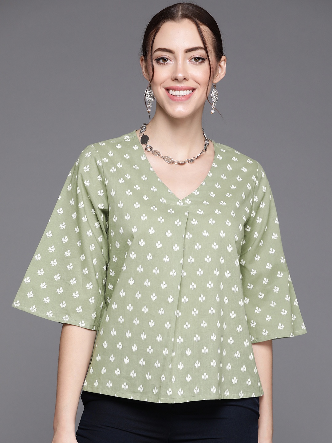 

Indo Era Green Ethnic Motif Printed Top