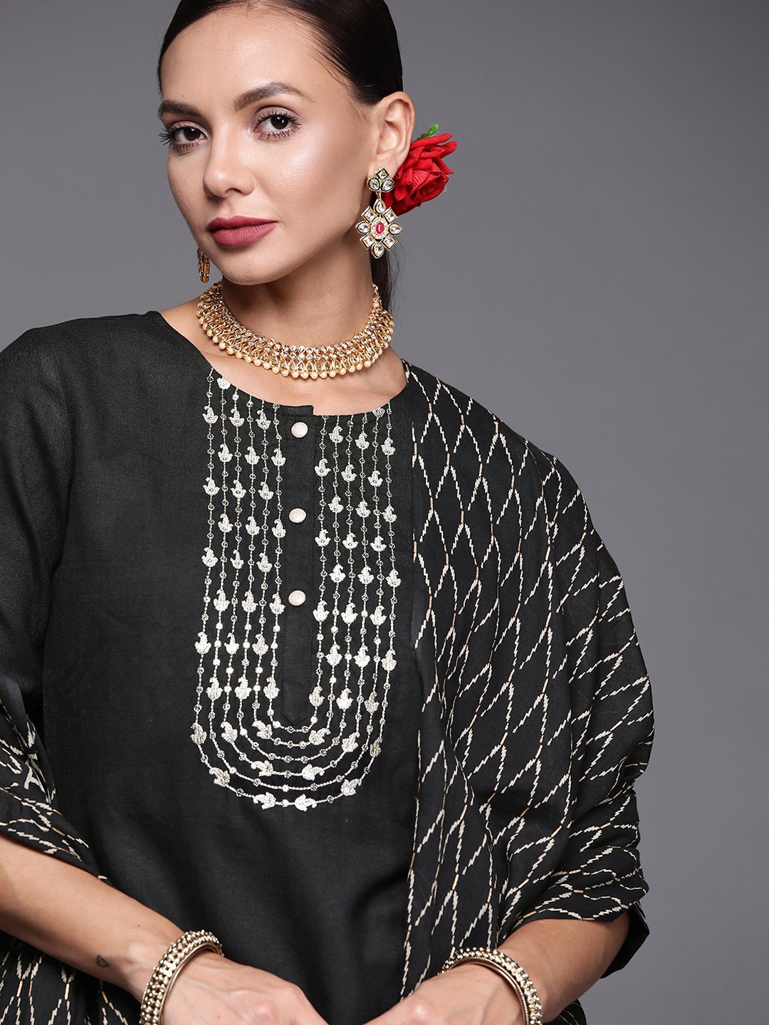 

Indo Era Women Black Ethnic Motifs Embroidered Sequinned Kurta with Palazzos & With Dupatta