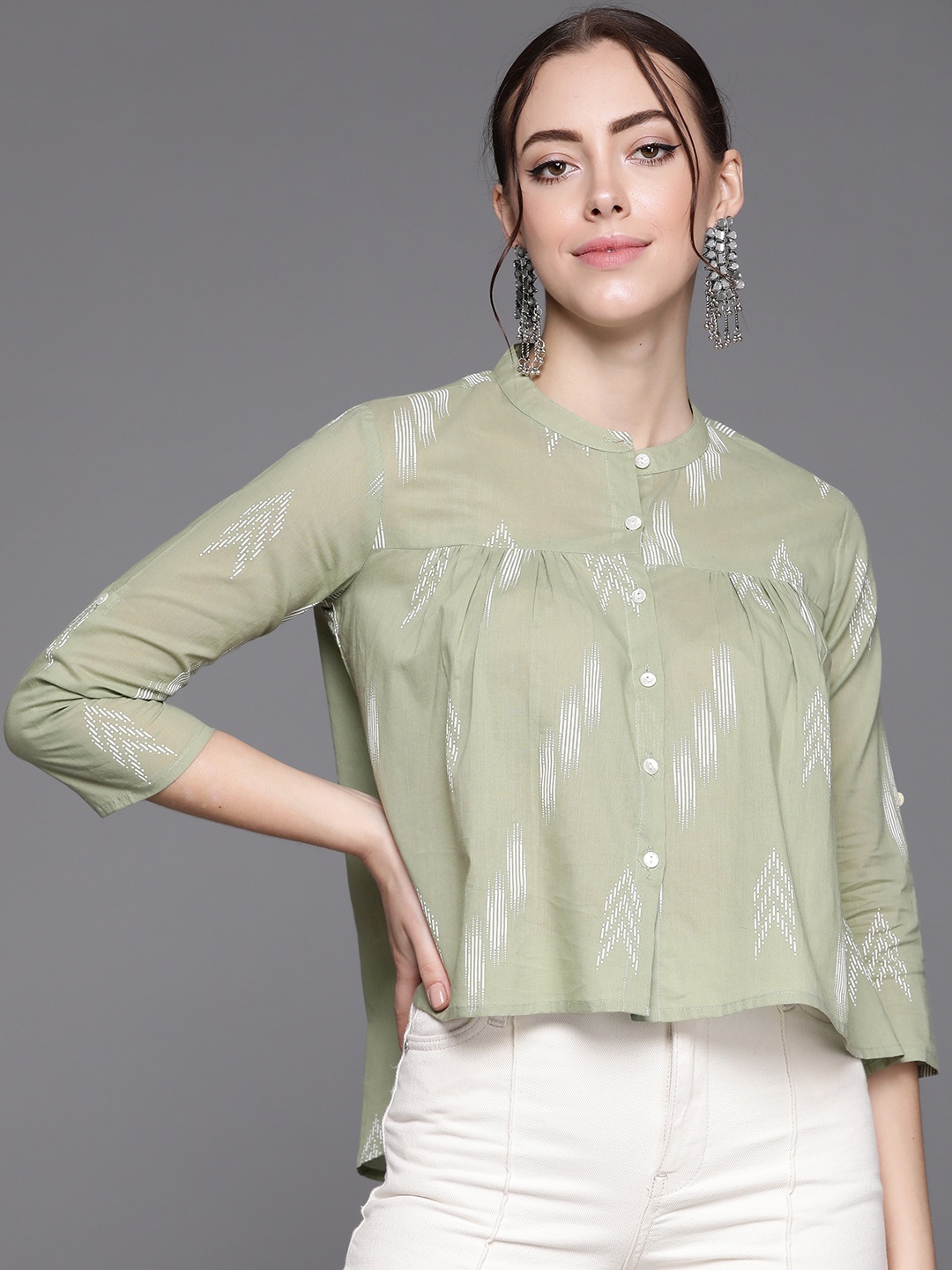 

Indo Era Olive Green Print Mandarin Collar Top