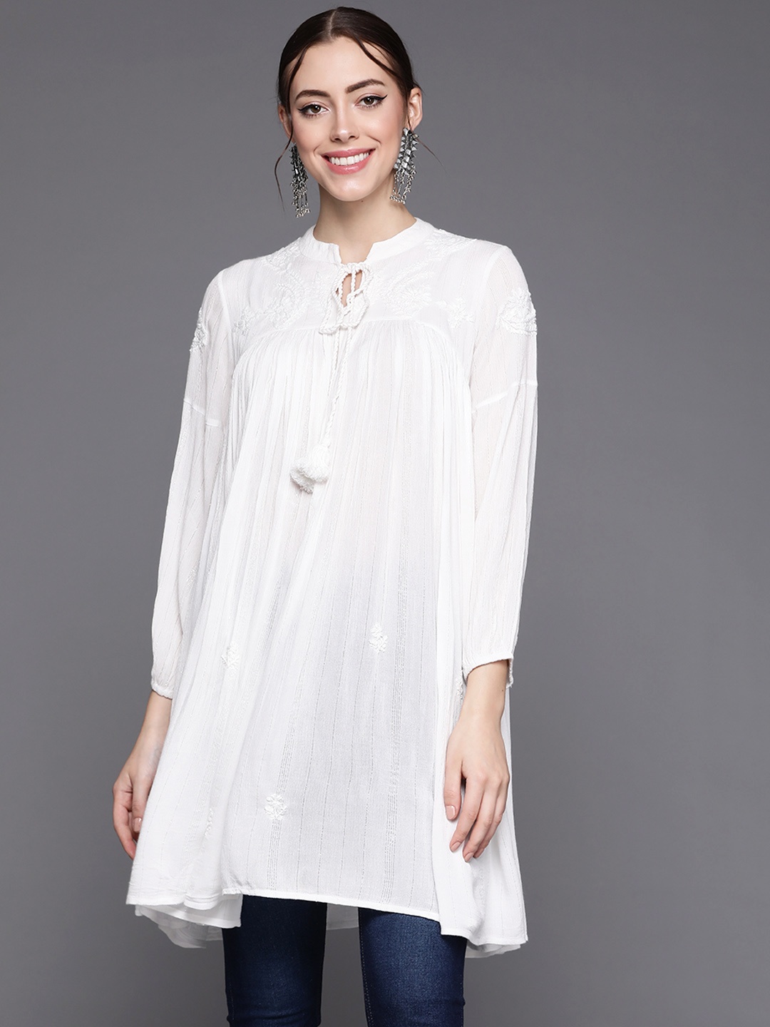 

Indo Era White Woven Design Kurti