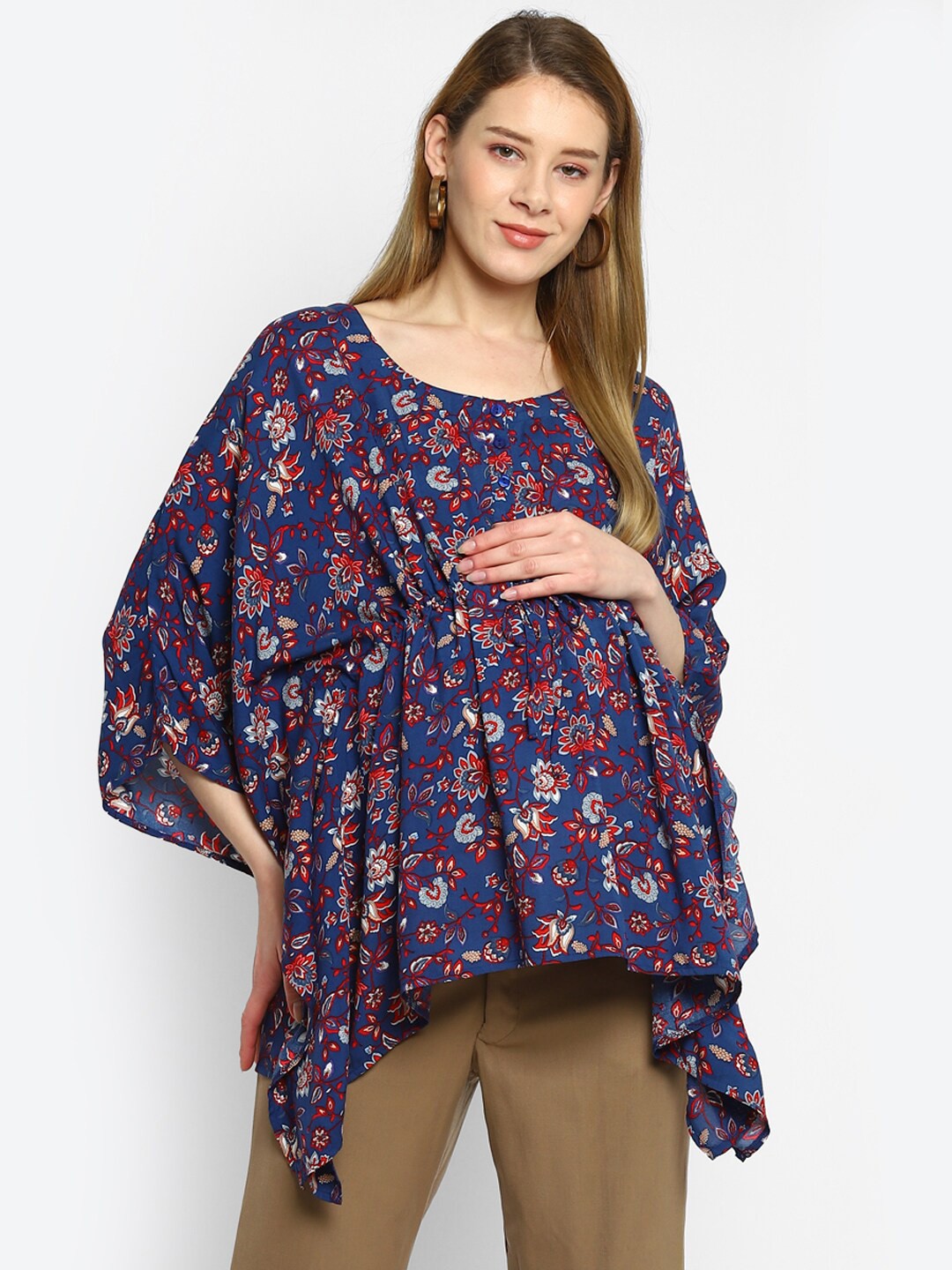 

Momsoon Maternity Navy Blue & Red Floral Print Kaftan Top