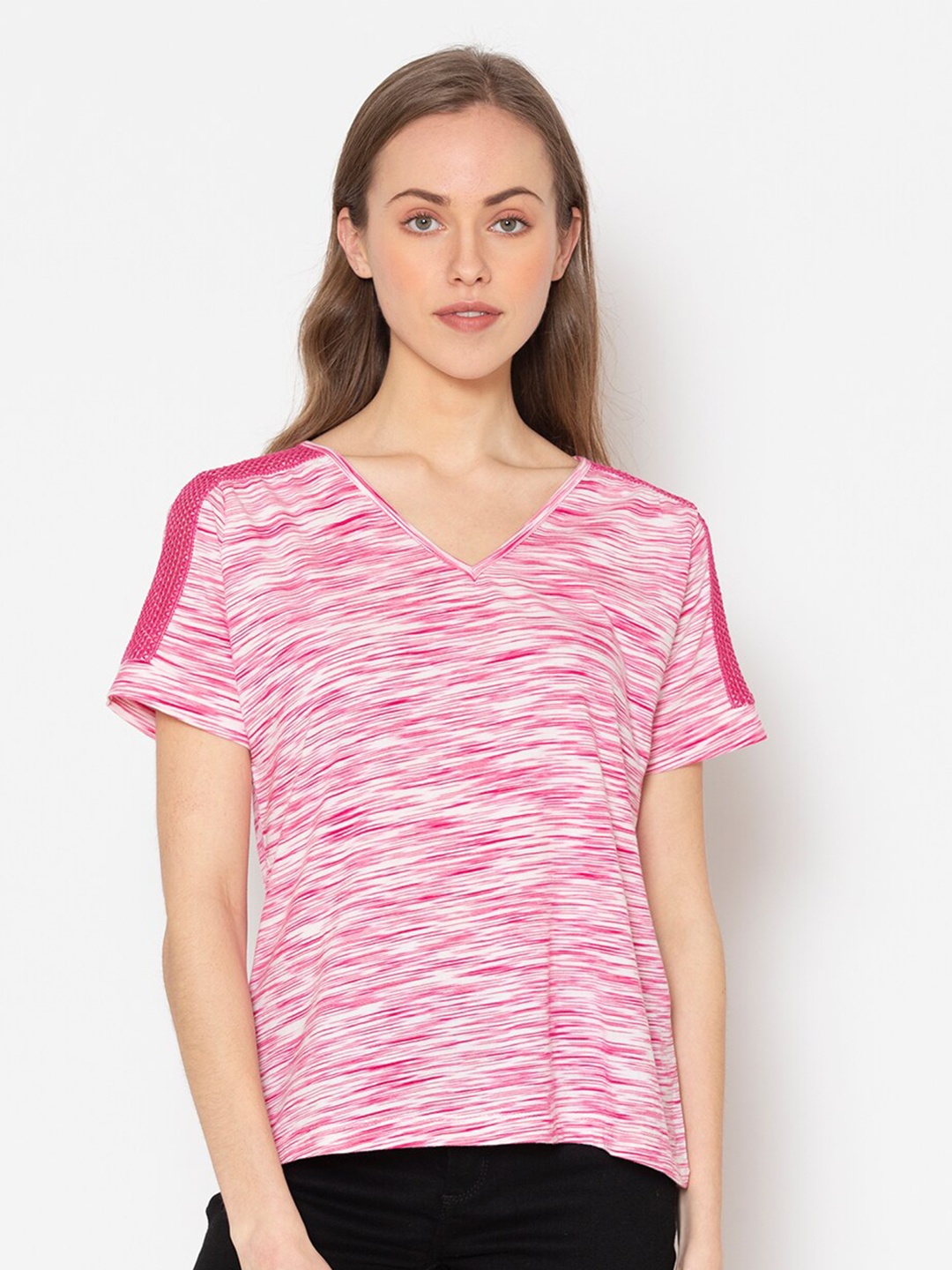 

FLAWLESS Women Pink & White Striped V-Neck T-shirt