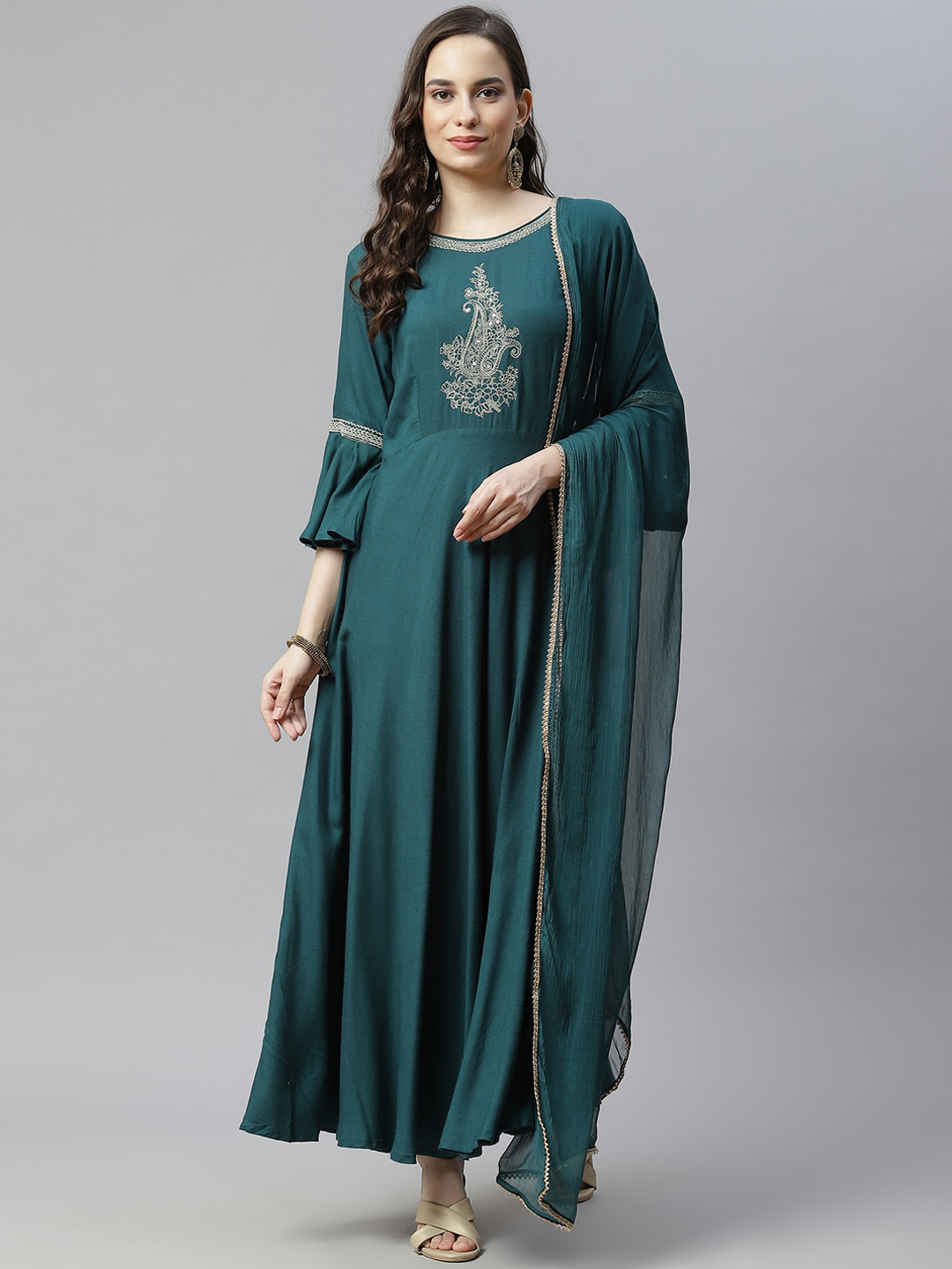 

Nirkhi Women Teal Yoke Design Kurta with Trousers & With Dupatta