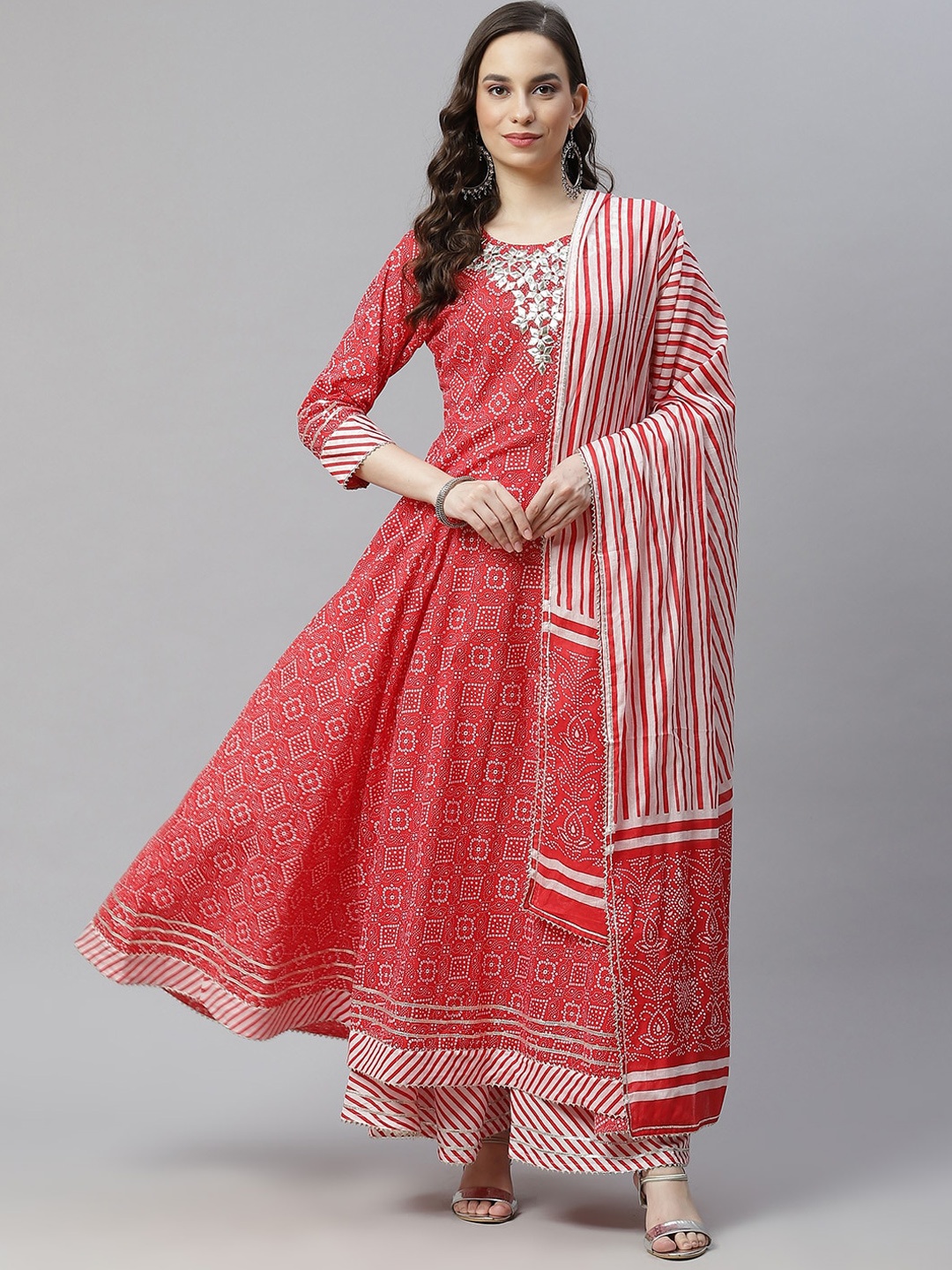 

Nirkhi Women Pink Bandhani Printed Pure Cotton Kurta with Palazzos & With Dupatta