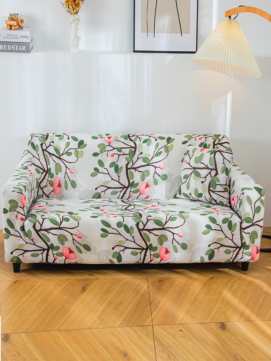 

HOUSE OF QUIRK White & Pink Floral 2-Seater Stretchable Non-Slip Sofa Slipcover