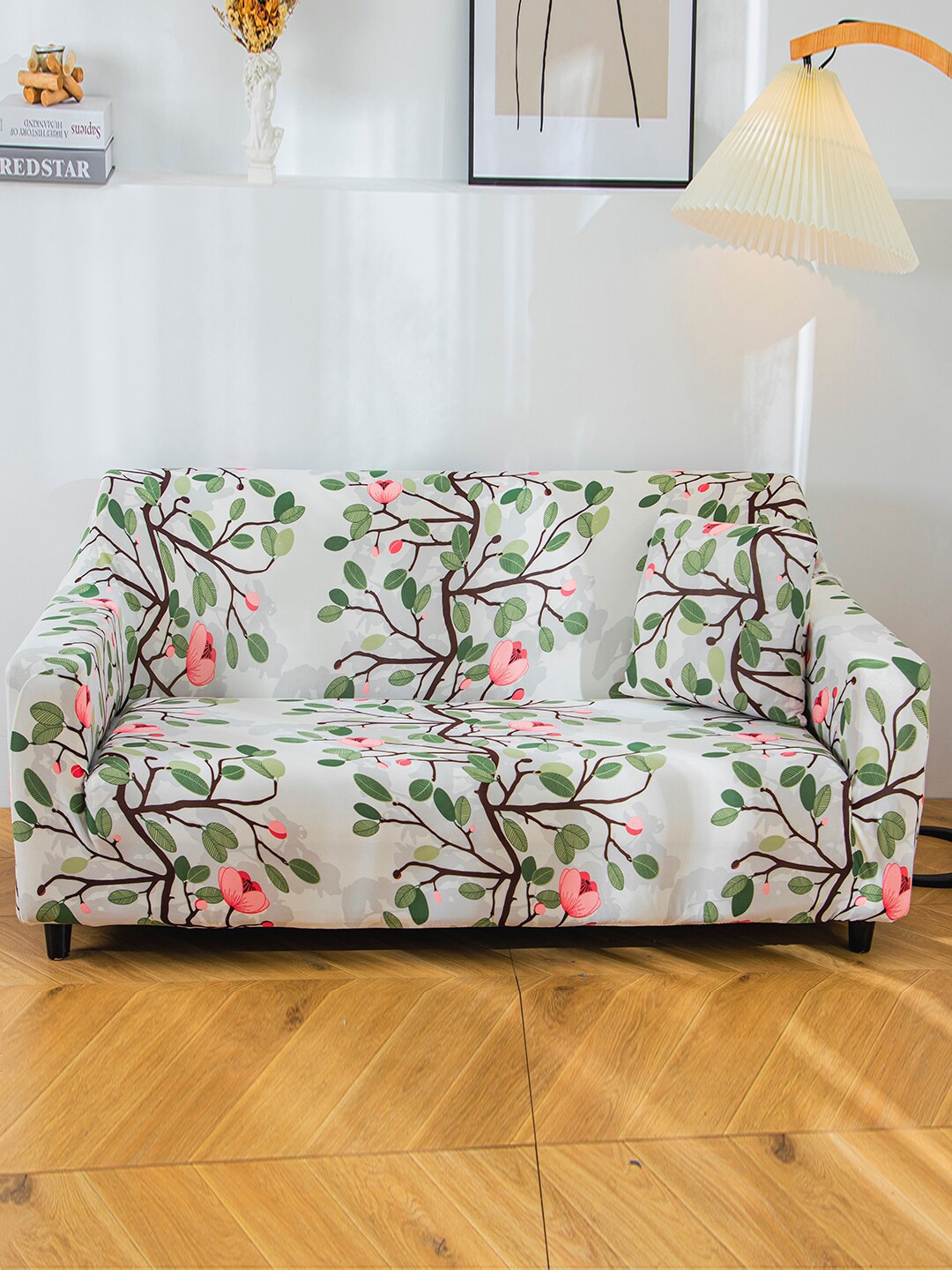 

HOUSE OF QUIRK White & Green Floral Stretchable Non-Slip Sofa Cover