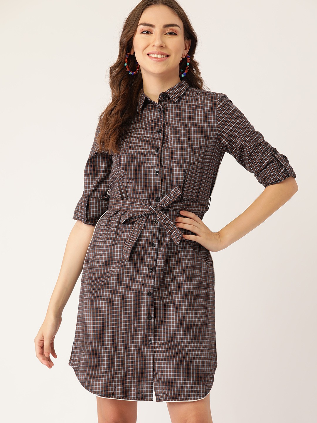 

DressBerry Women Brown & Navy Blue Checked Shirt Dress