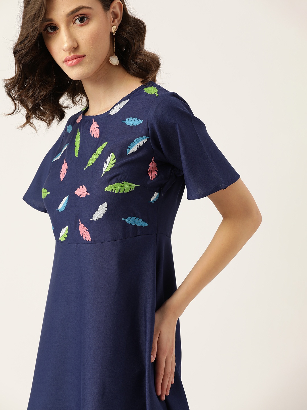 

DressBerry Navy Blue Floral Embroidered A-Line Dress
