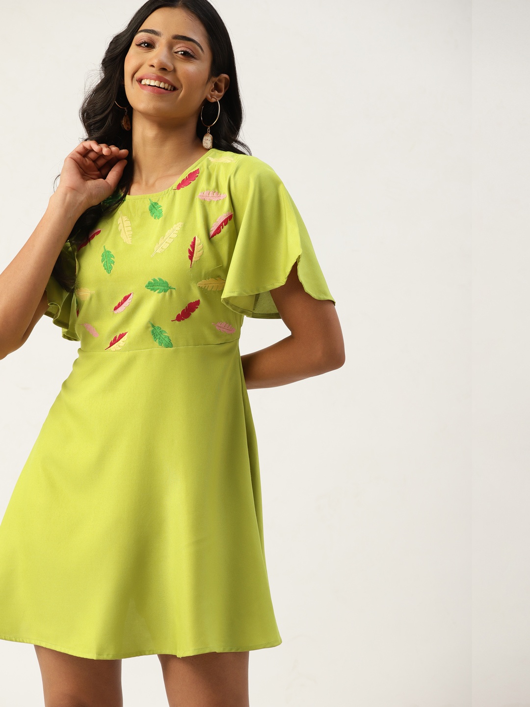 

DressBerry Lime Green Floral Embroidered A-Line Dress