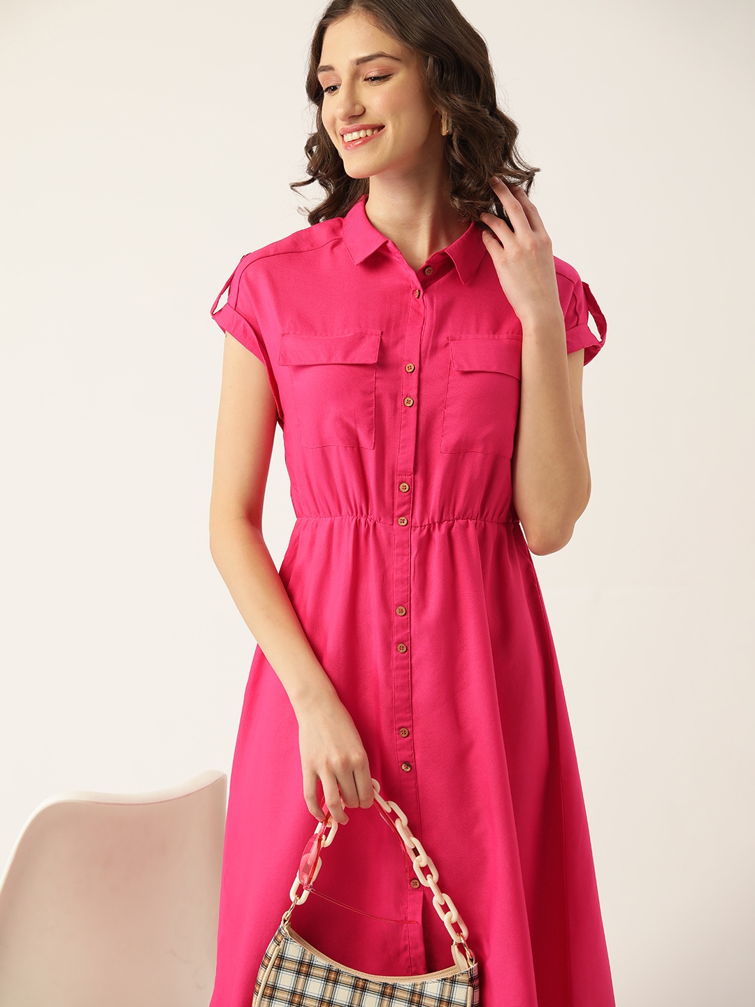 

DressBerry Fuchsia Solid Shirt Midi Dress